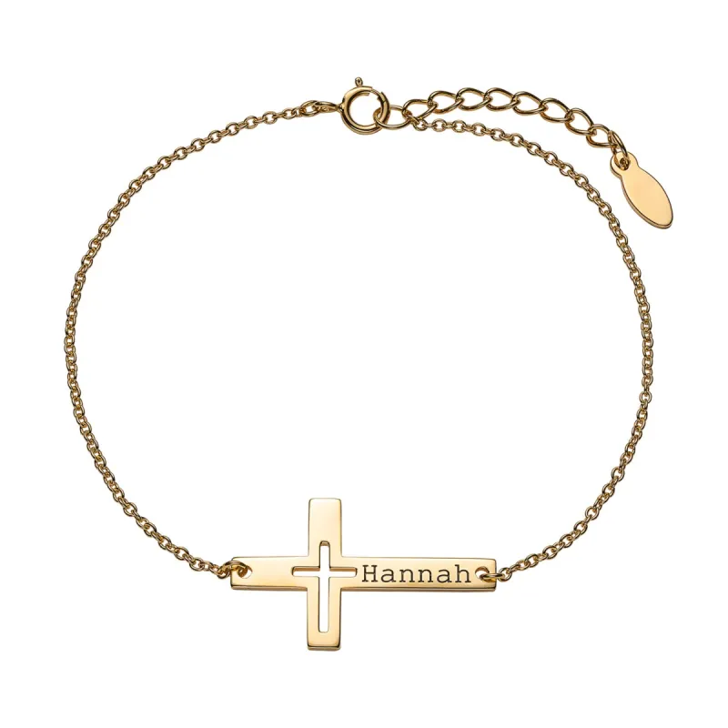 14K Gold over Sterling Engraved Name Cross with Cutout Bracelet sold by Limoges Jewelry