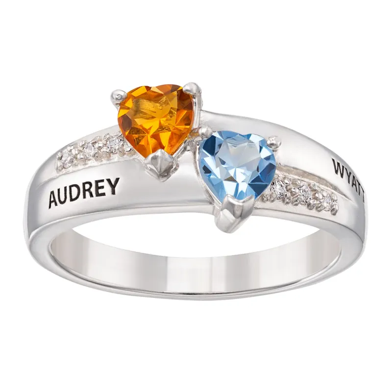Sterling Silver Couples Double Heart Birthstone Ring with CZ Accents sold by Limoges Jewelry