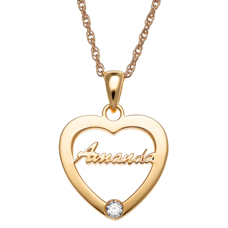 14K Gold over Sterling Open Heart with Name and Birthstone Necklace sold by Limoges Jewelry