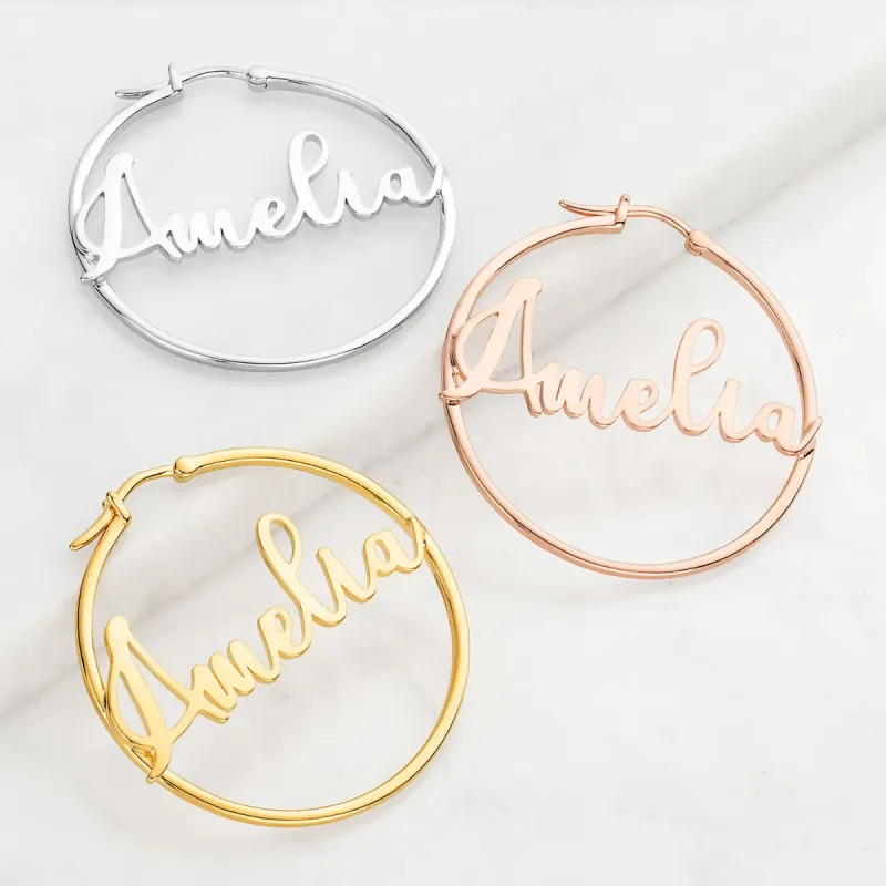 Personalized Script Name Medium Hoop Earrings sold by Limoges Jewelry