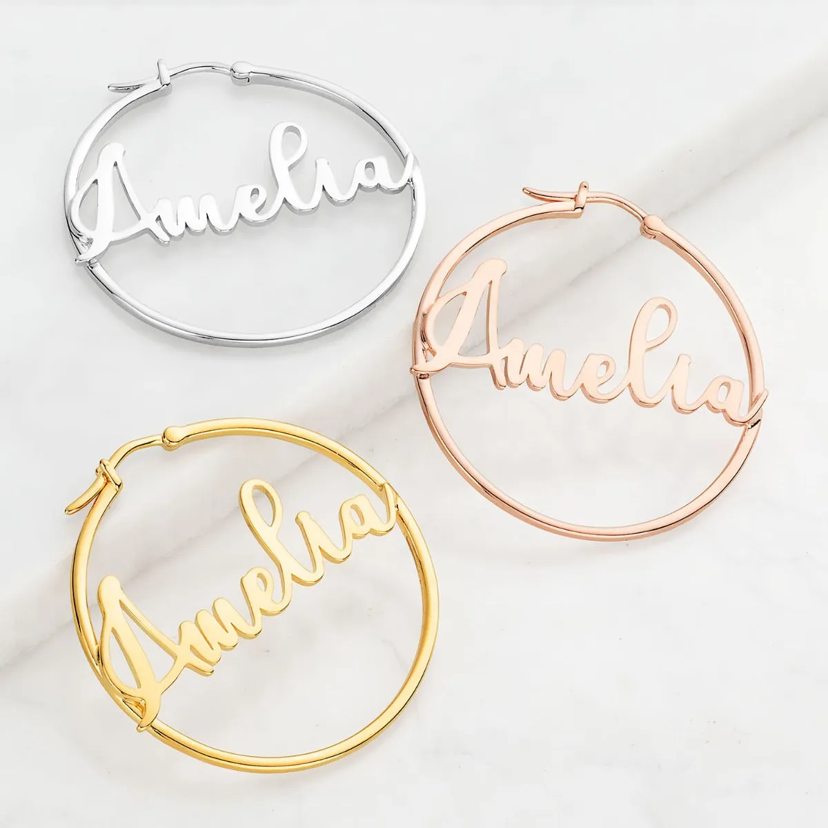Personalized Script Name Medium Hoop Earrings sold by Limoges Jewelry