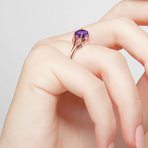 14K Rose Gold Plated Simulated Amethyst with Clear Crystal Leaves Ring sold by Limoges Jewelry product image thumbnail 3