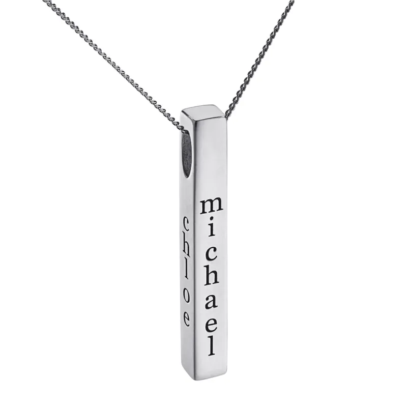 Sterling Silver Vertical 4-Sided Engraved Family Name Pendant sold by Limoges Jewelry