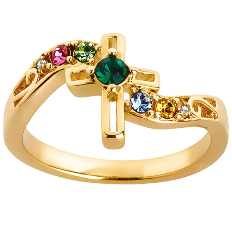 14K Gold Plated Family Birthstone Diamond Accent Cross Ring sold by Limoges Jewelry