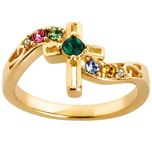 14K Gold Plated Family Birthstone Diamond Accent Cross Ring sold by Limoges Jewelry