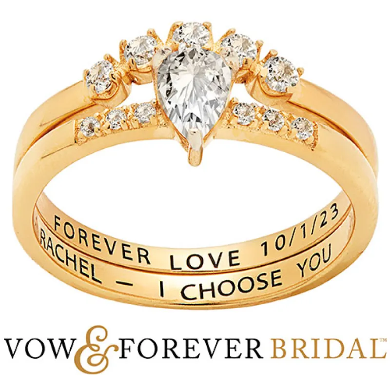 14K Gold over Sterling Pear White Topaz 2 Piece Engraved Wedding Set sold by Limoges Jewelry
