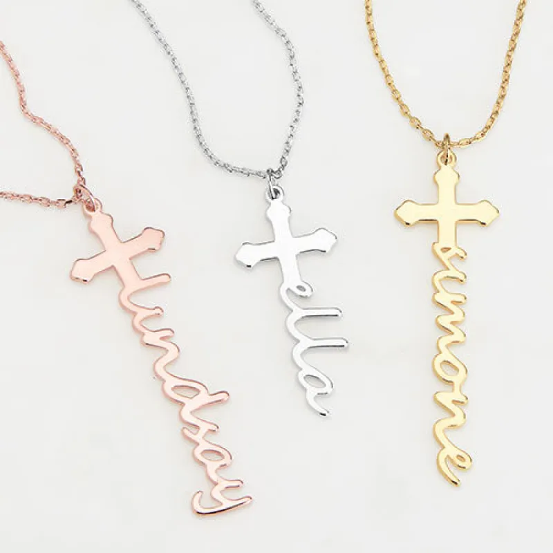 Sterling Silver Lowercase Script Name Cross Necklace sold by Limoges Jewelry