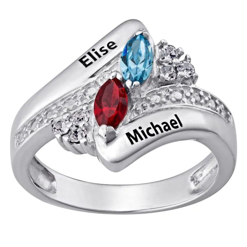 Sterling Silver Couple's Crystal Marquise Birthstone Name Ring sold by Limoges Jewelry