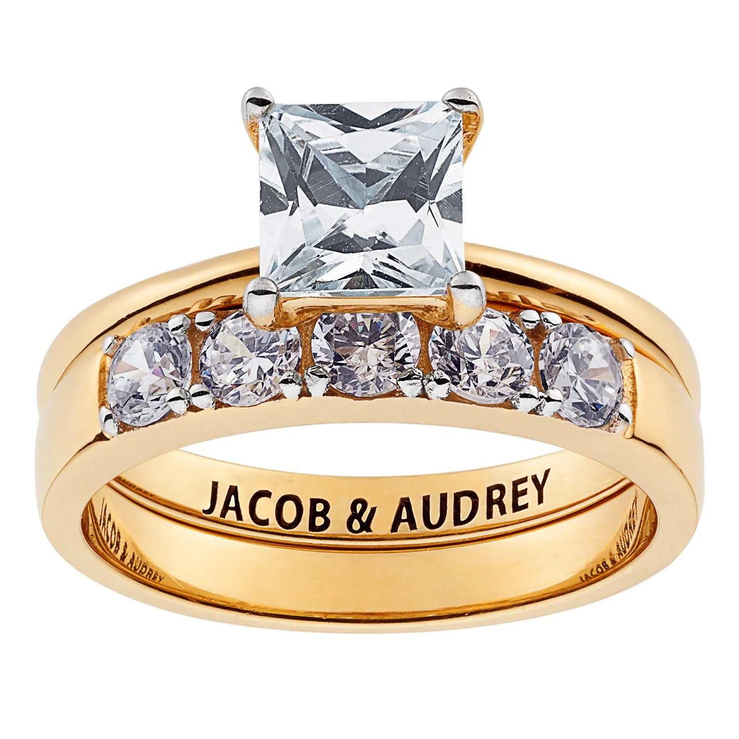 14K Gold over Sterling Square CZ 2 Piece Engraved Wedding Set sold by Limoges Jewelry product image thumbnail 3