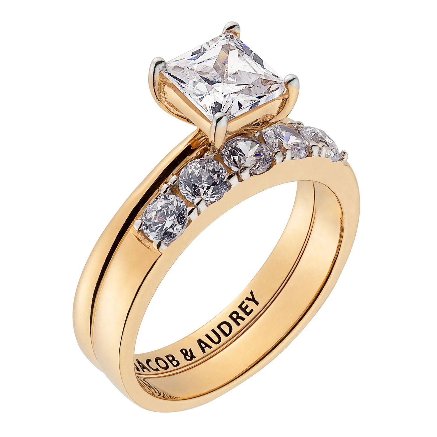 14K Gold over Sterling Square CZ 2 Piece Engraved Wedding Set sold by Limoges Jewelry product image thumbnail 2