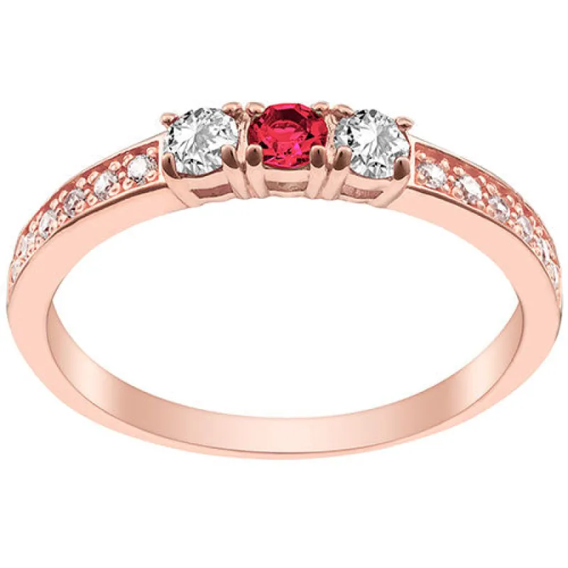 14K Rose Gold Plated Simulated Ruby and Clear Crystal 3-Stone Ring sold by Limoges Jewelry