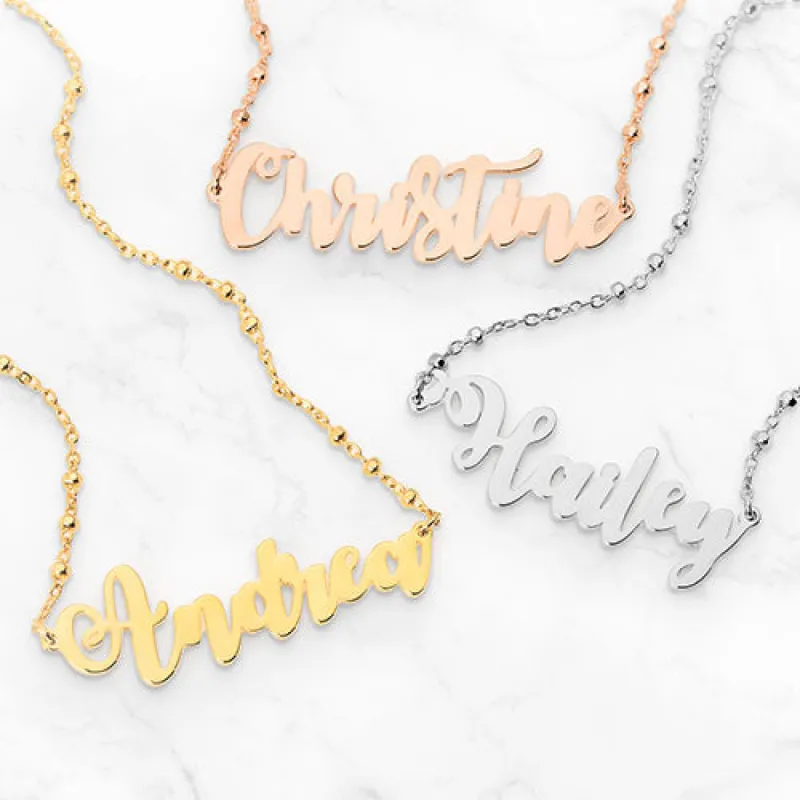 Whimsical Script Name on Beaded Chain Necklace sold by Limoges Jewelry