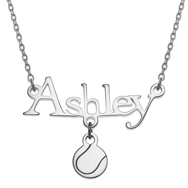 Sterling Silver Name with Tennis Ball Charm Necklace sold by Limoges Jewelry
