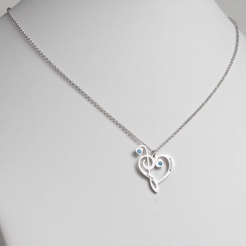 Silver Plated Treble and Bass Clef Couple's Name and Birthstone Necklace sold by Limoges Jewelry