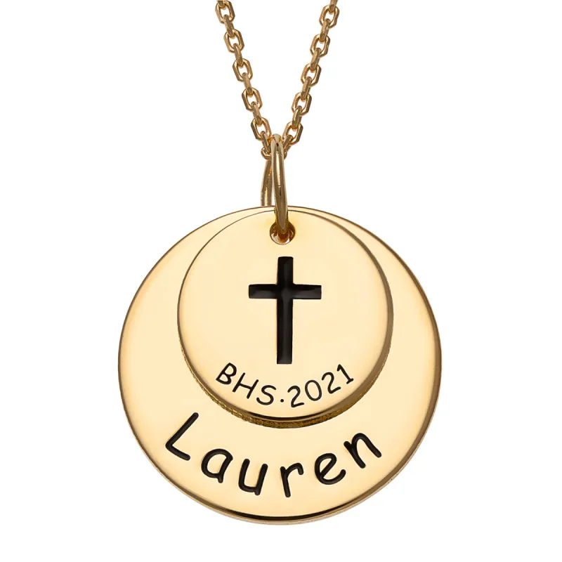 14K Gold over Sterling Graduation Double Disc Necklace with Engraved Cross sold by Limoges Jewelry