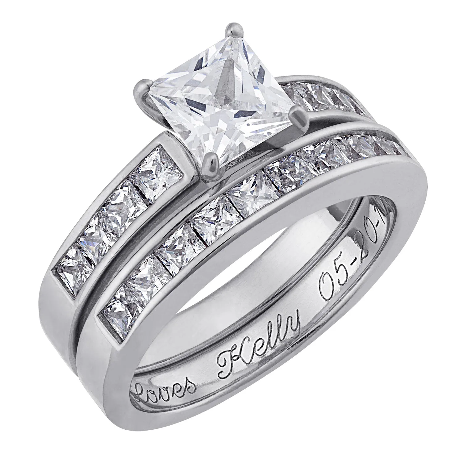 Sterling Silver Square CZ 2-PC Engraved Wedding Ring Set sold by Limoges Jewelry product image thumbnail 2