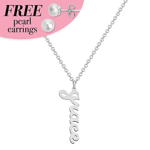 Sterling Silver Vertical Lowercase Script Name with Free Freshwater Pearl Earrings sold by Limoges Jewelry
