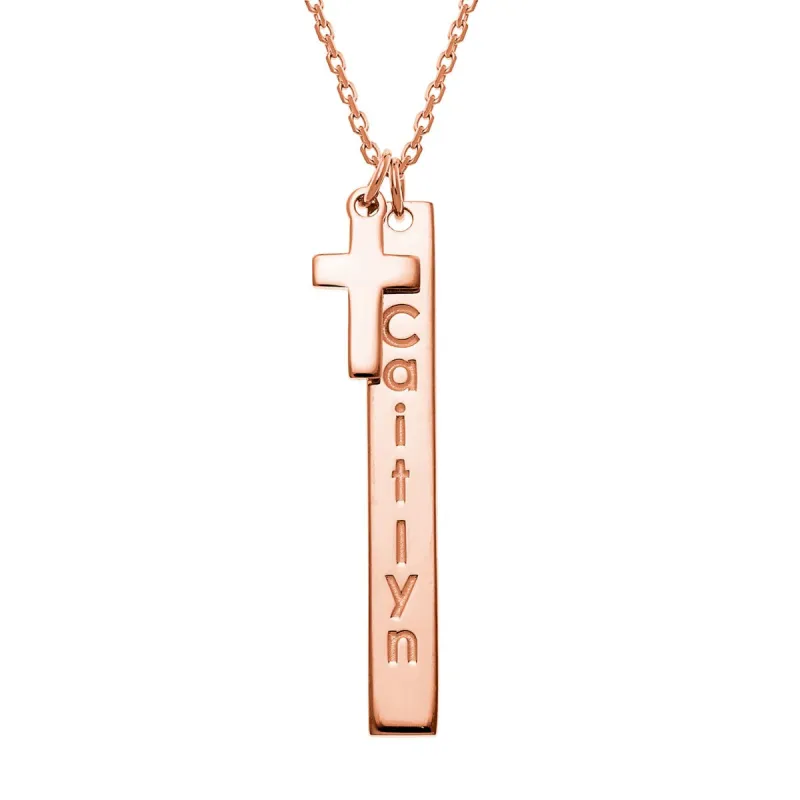 14K Rose Gold Plated Engraved Name Vertical Bar With Cross Necklace sold by Limoges Jewelry
