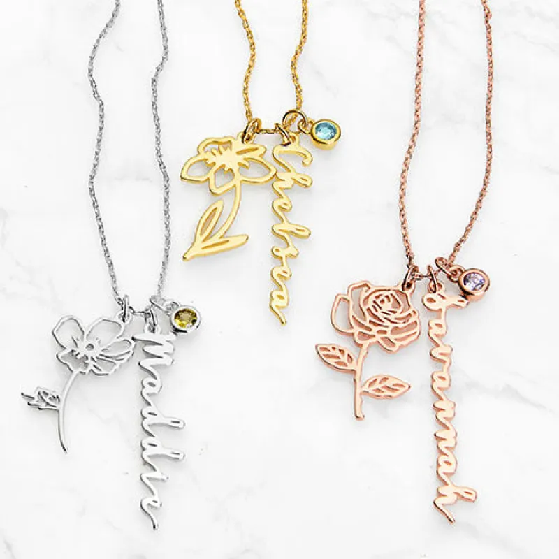 Sterling Silver Script Name, Birth Month Flower and BS Cluster Necklace sold by Limoges Jewelry