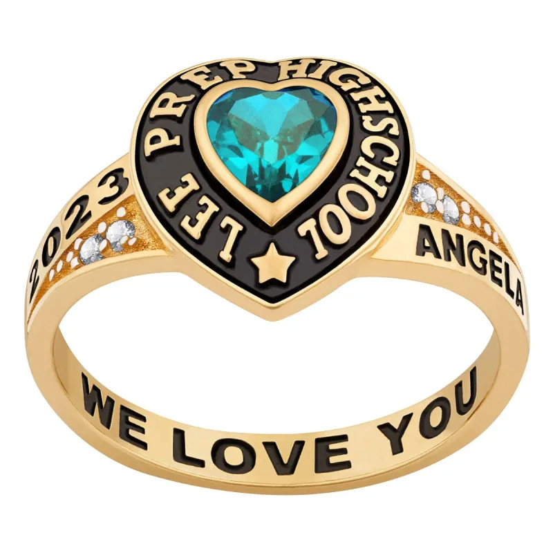 Ladies' Yellow Celebrium Traditional Heart Birthstone with CZ Accents Class Ring sold by Limoges Jewelry