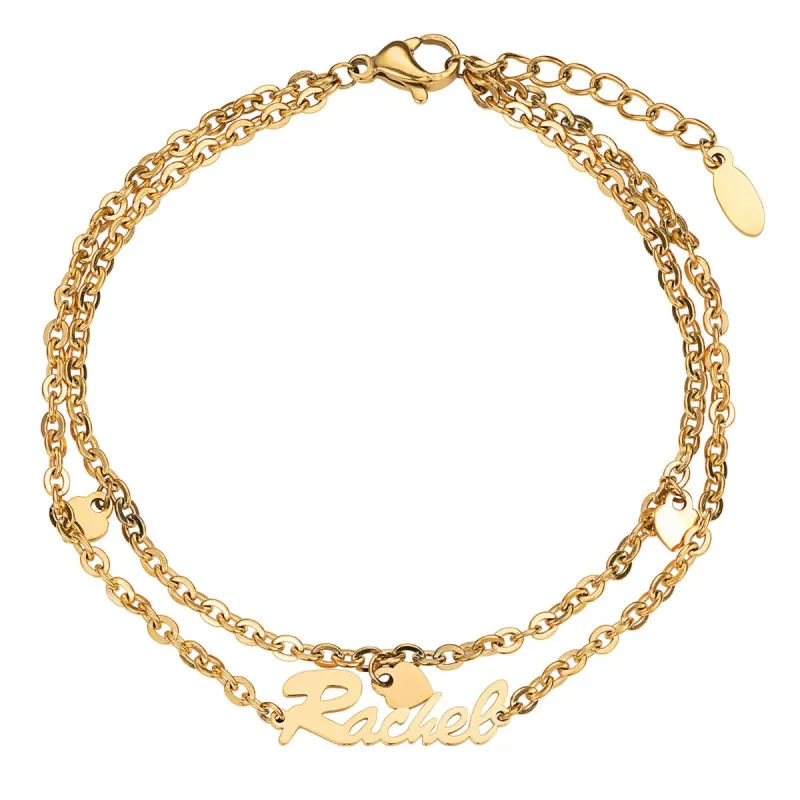 Gold Stainless Steel Double Chain Heart Charm and Name Bracelet sold by Limoges Jewelry