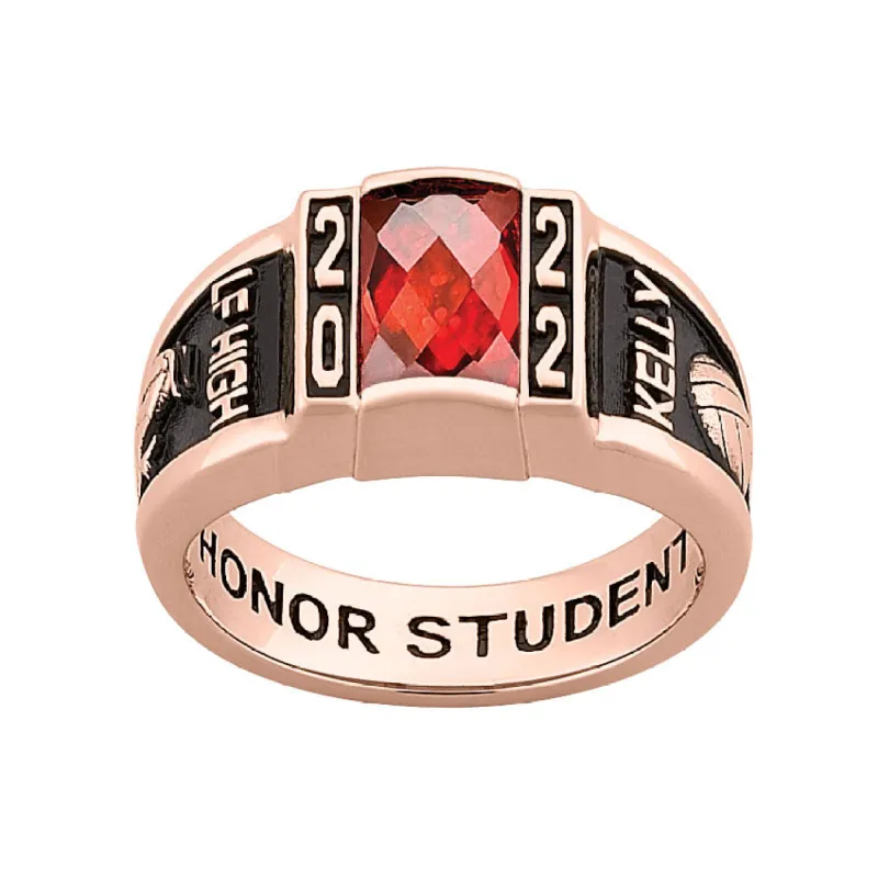 Ladies Rose Gold CELEBRIUM Traditional Deco Birthstone Class Ring sold by Limoges Jewelry
