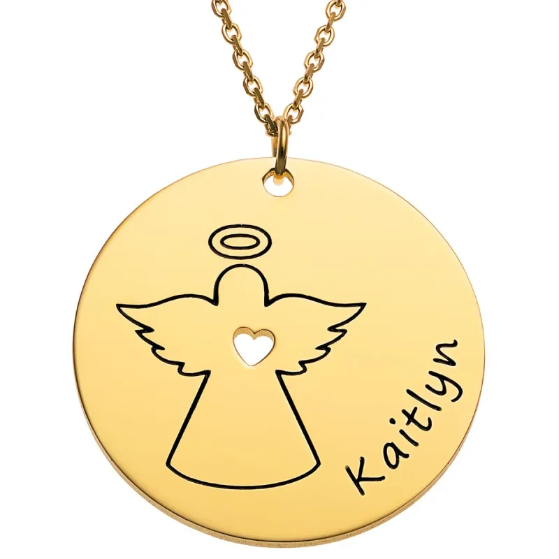 14K Gold Plated Engraved Name with Angel Disc Necklace sold by Limoges Jewelry