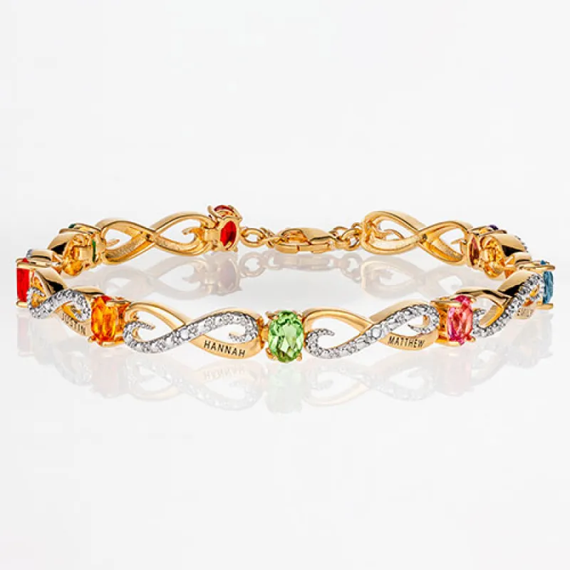Two Tone Family Name and Birthstone Diamond Accent Infinity Bracelet sold by Limoges Jewelry