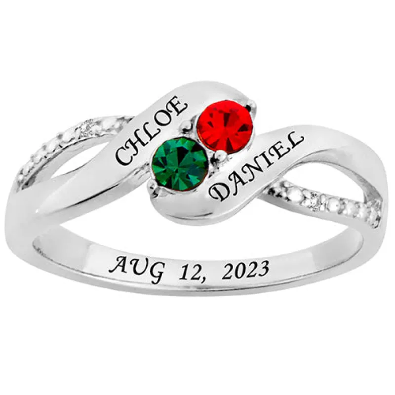 Silver Plated Couple's Birthstone Bypass Diamond Accent Ring sold by Limoges Jewelry