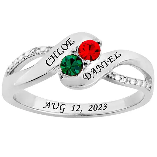 Silver Plated Couple's Birthstone Bypass Diamond Accent Ring sold by Limoges Jewelry