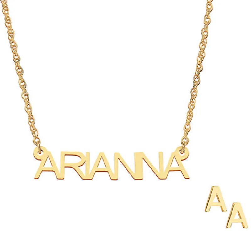 14K Gold over Sterling Uppercase Name Necklace with Initial Earring Set sold by Limoges Jewelry