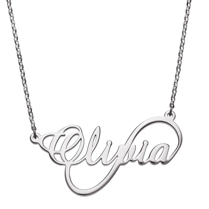 10K White Gold Script Name Infinity Necklace made by Limoges Jewelry
