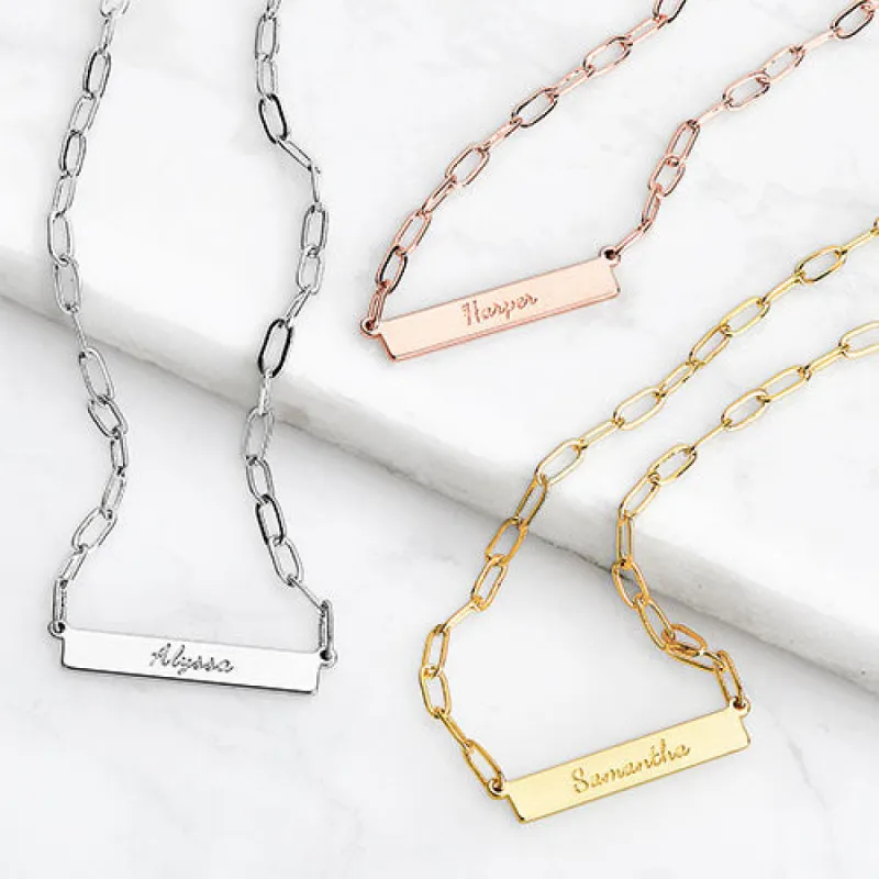 Silver Plated Engraved Horizontal Bar Paperclip Chain Necklace sold by Limoges Jewelry