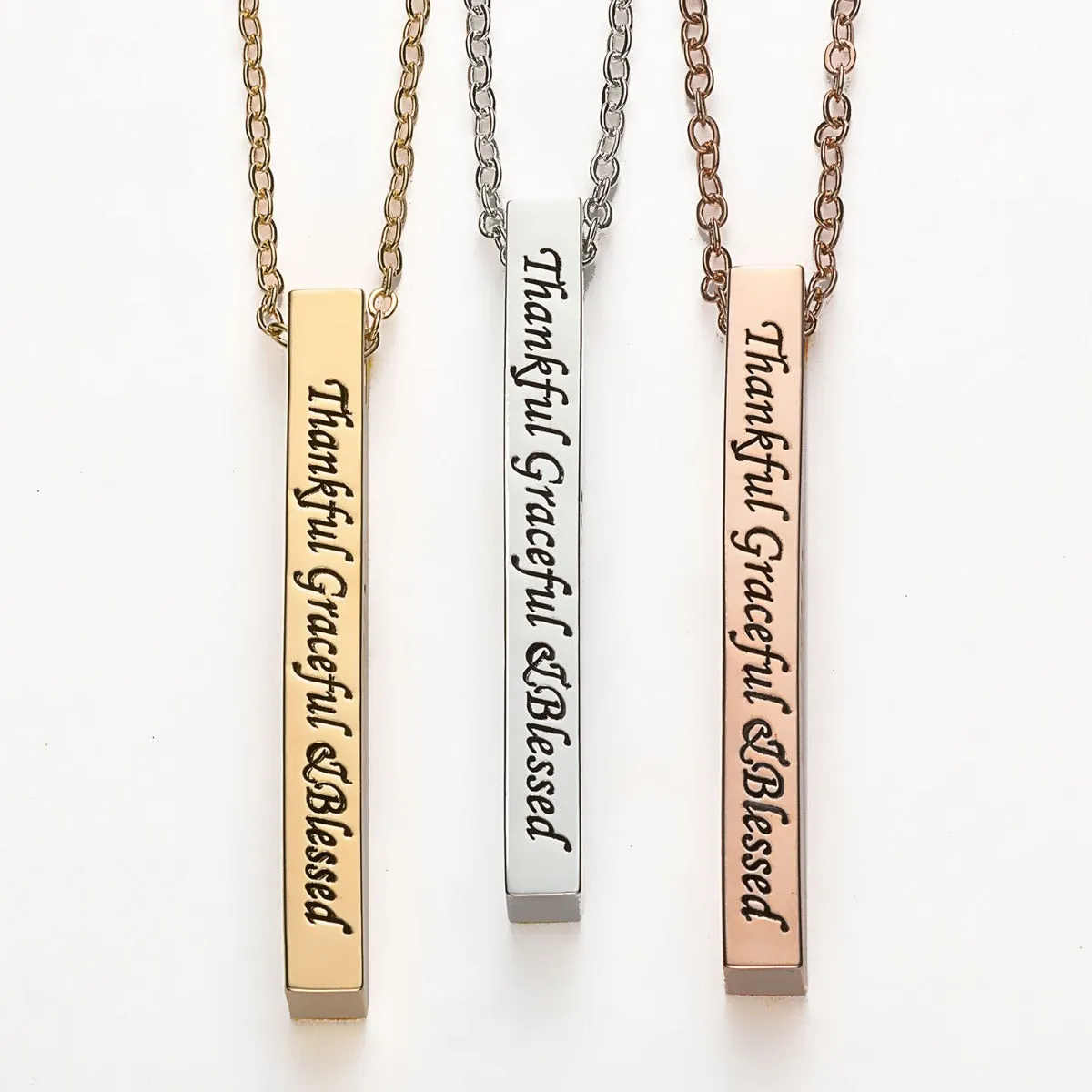 Vertical 4-sided Bar 'Thankful' Engraved Name Necklace sold by Limoges Jewelry