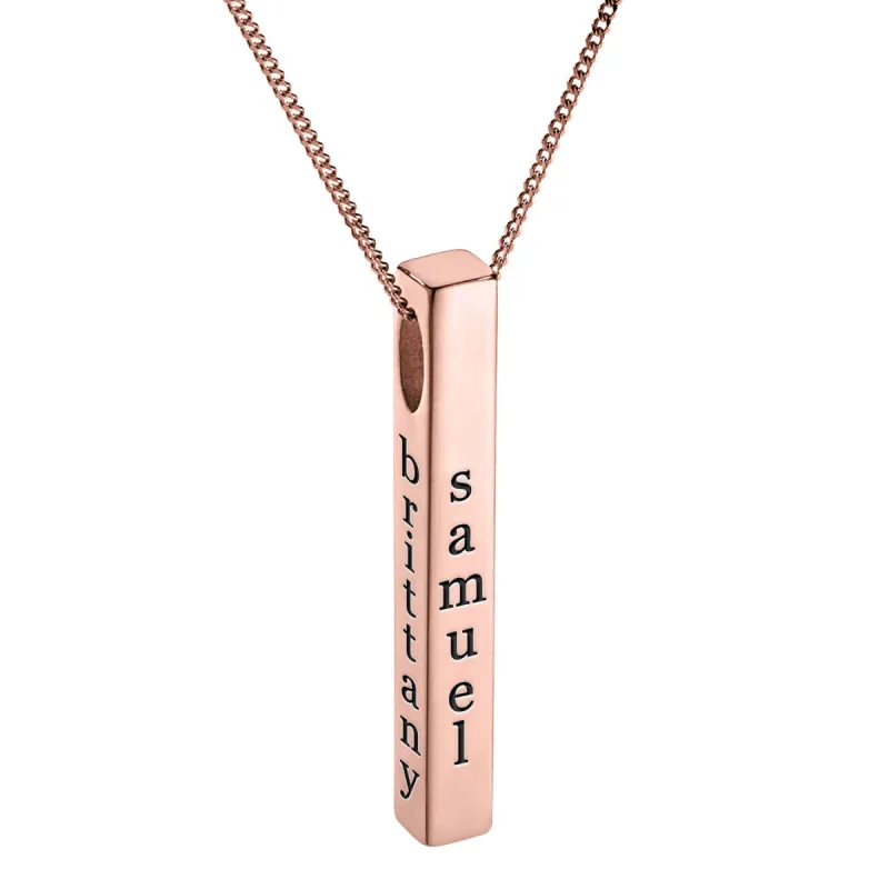 14K Rose Gold Plated Vertical 4-Sided Engraved Family Name Pendant sold by Limoges Jewelry