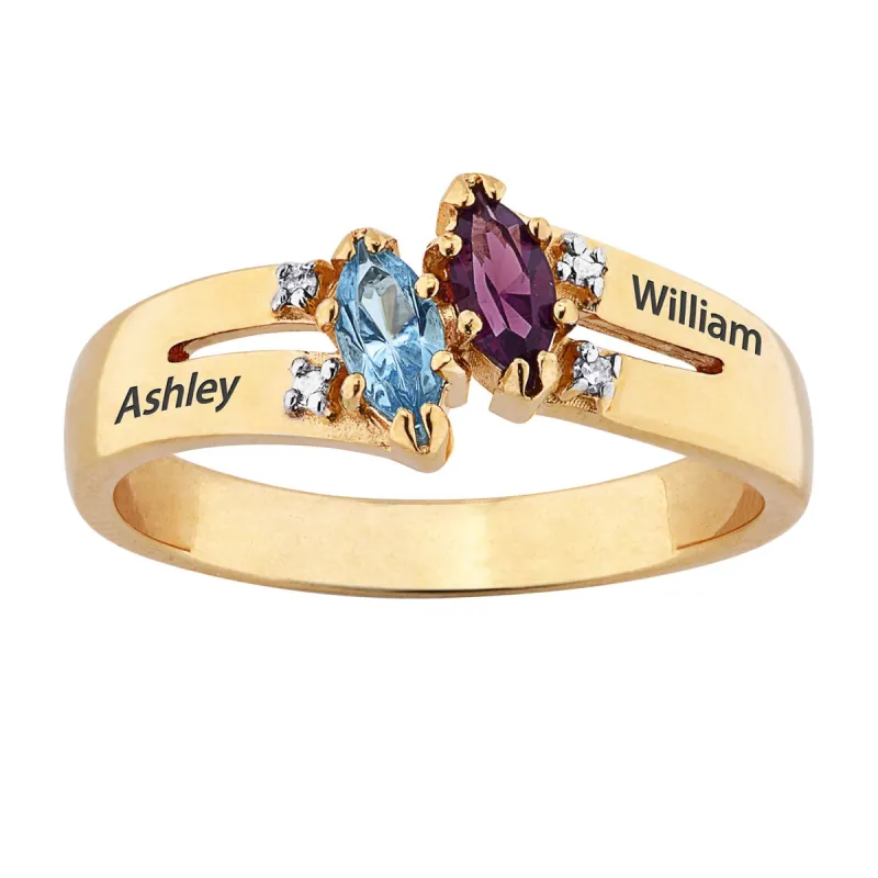 14K Gold over Sterling Couples Marquise Birthstone & Name Diamond Ring sold by Limoges Jewelry