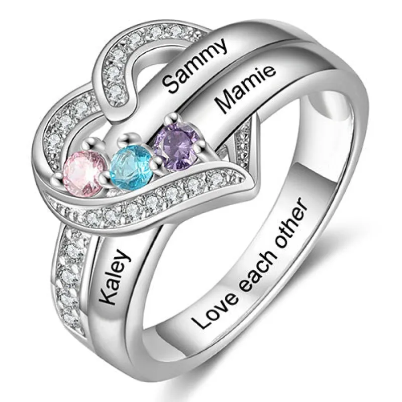 Silver Plated CZ Heart Engraved 3 Birthstones Ring sold by Limoges Jewelry