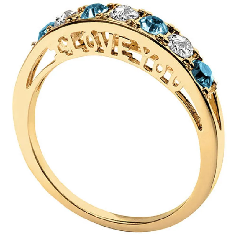 14K Gold Plated I LOVE YOU Simulated Blue Topaz and Clear Crystal Ring sold by Limoges Jewelry
