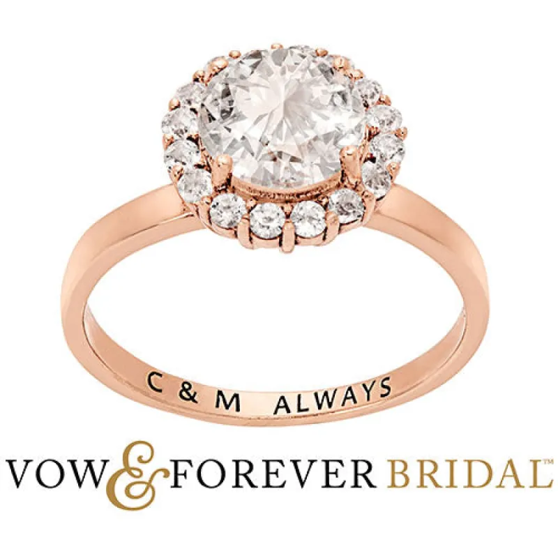 14K Rose Gold over Sterling Halo White Topaz Solitaire Engraved Engagement Ring sold by Limoges Jewelry