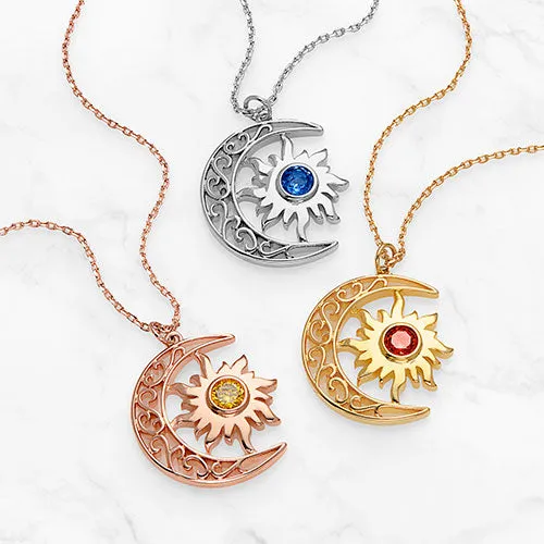 Sun and Crescent Moon with Birthstone Necklace sold by Limoges Jewelry