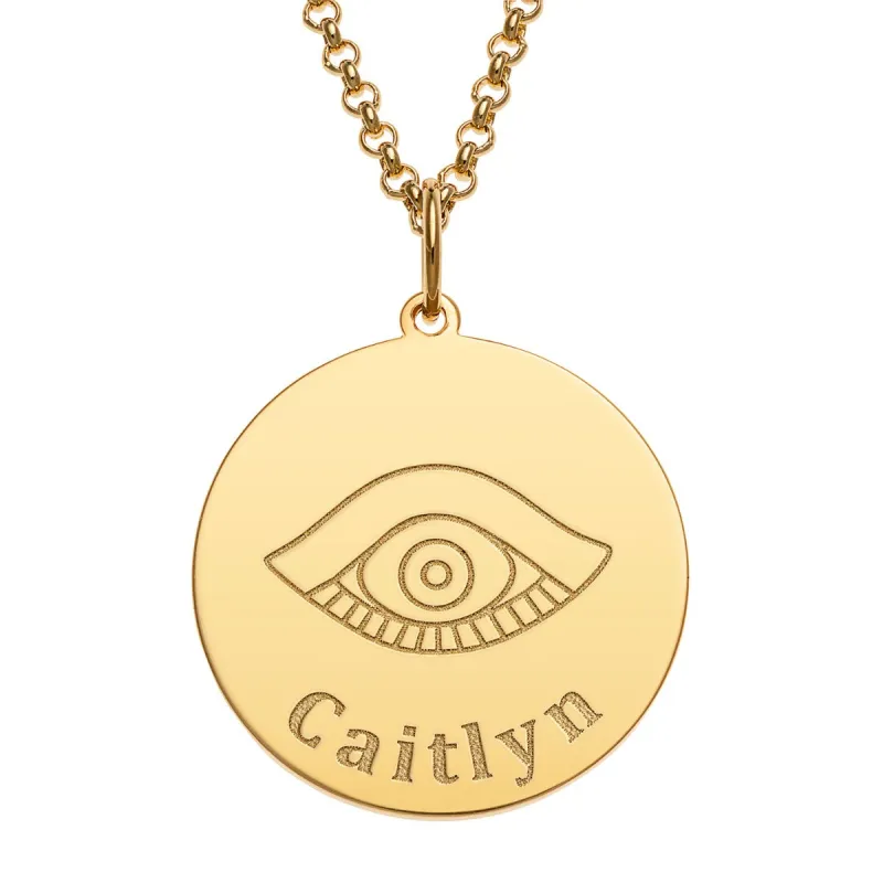 14K Gold Plated Engraved Name and Evil Eye Disc Necklace sold by Limoges Jewelry