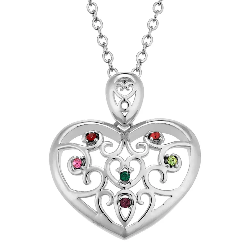Silver Plated Domed Filigree Heart Birthstone Necklace sold by Limoges Jewelry