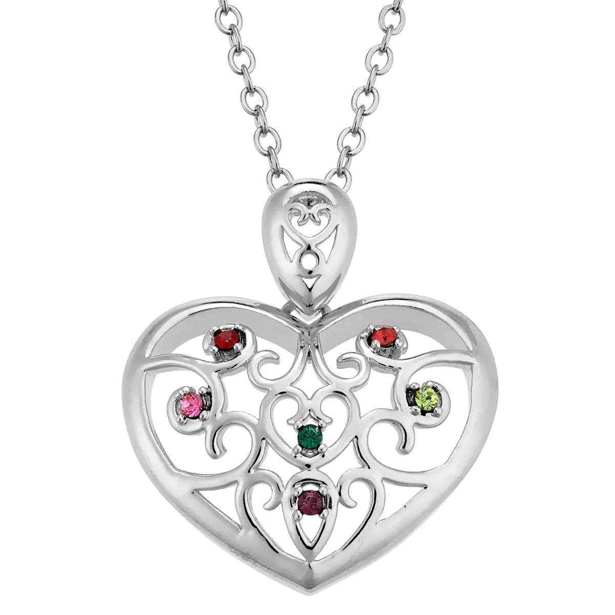 Silver Plated Domed Filigree Heart Birthstone Necklace sold by Limoges Jewelry