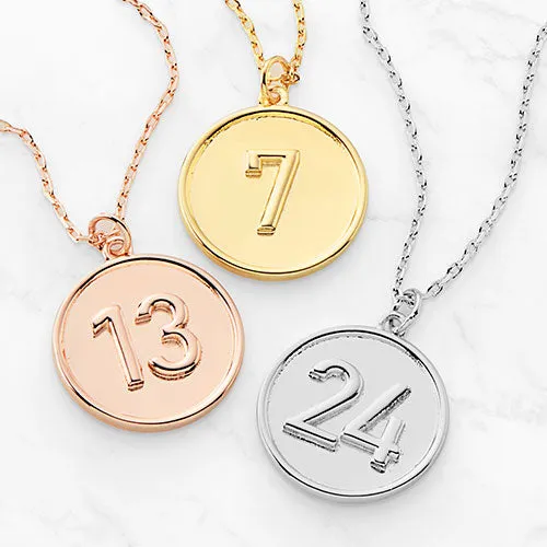 Embossed Numbers with Engraving Disc Necklace sold by Limoges Jewelry