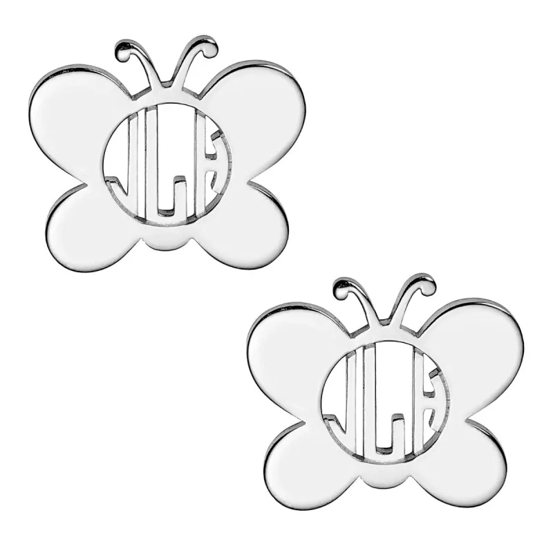 Silver Plated Butterfly Monogram Button Earring sold by Limoges Jewelry