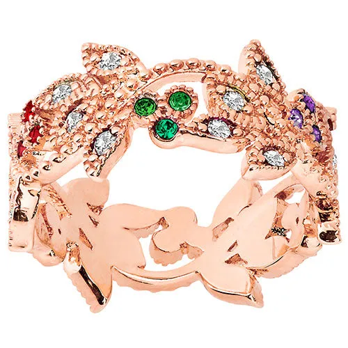 14K Rose Gold Plated Family Birthstone with Clear Leaves Band Ring sold by Limoges Jewelry