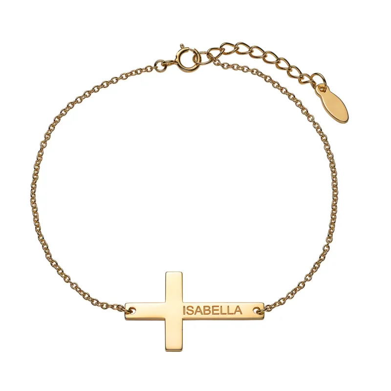 14K Gold over Sterling Engraved Name Cross Bracelet sold by Limoges Jewelry