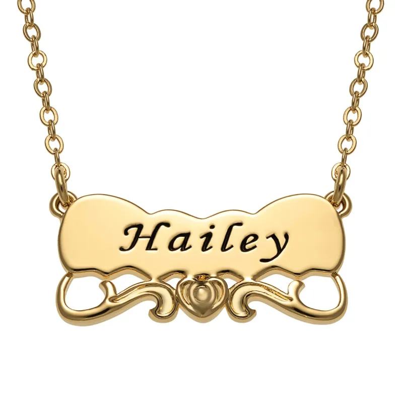 14K Gold Plated Engraved Name with Heart Scroll Plaque Necklace sold by Limoges Jewelry
