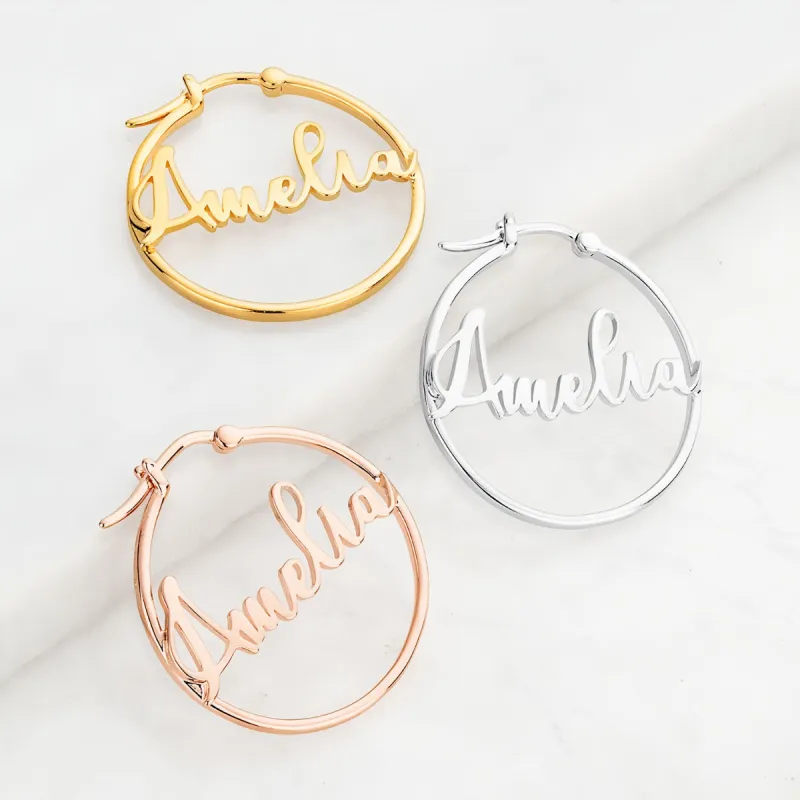 Personalized Script Name Small Hoop Earrings sold by Limoges Jewelry