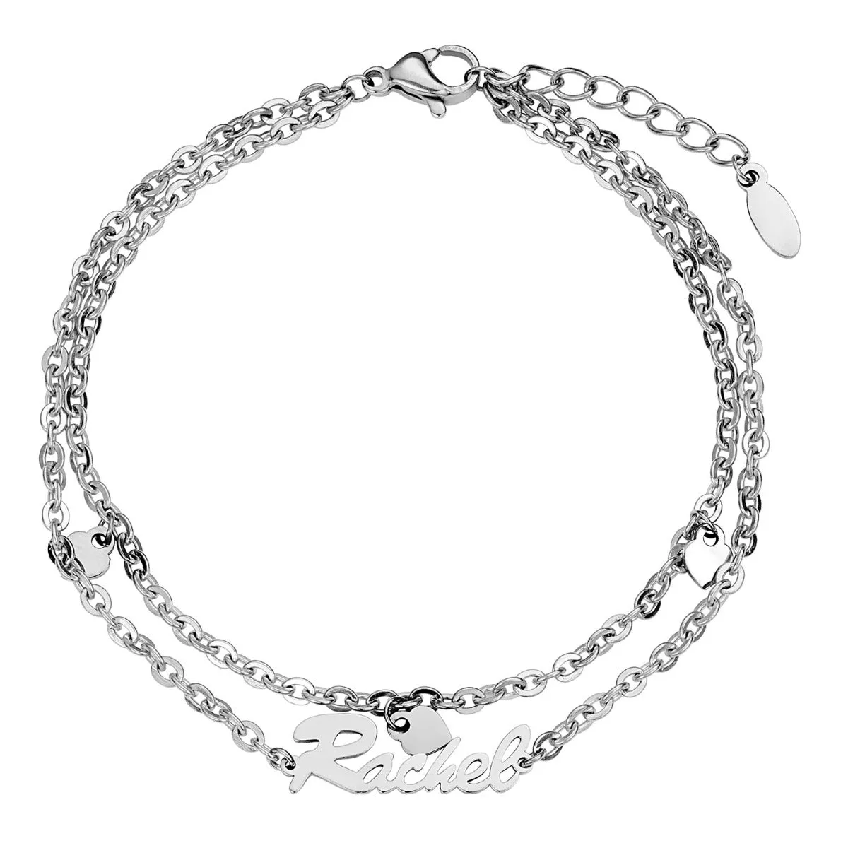 Stainless Steel Double Chain Heart Charm and Name Bracelet sold by Limoges Jewelry
